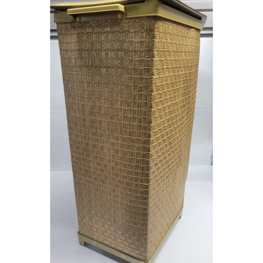 Vintage Mid Century Woven Wicker Style Laundry Hamper Harvest Gold Vinyl Lid